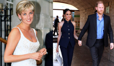 Princess Diana wearing a white plunging dress and smiling next to a photo of Prince Harry and Meghan Markle holding hands in Colombia