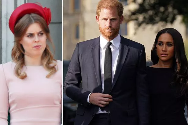 Prince Harry and Meghan Markle split image with another pic of Princess Eugenie and Princess Beatrice