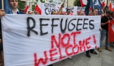 Protesters at an anti-immigration rally in Łódź, central Poland, on Saturday, July 19, 2025.