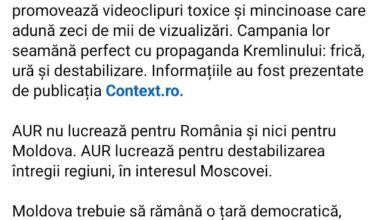 USR : 🇲🇩⚠️ Moldova este sub atacul propagandei rusești. Iar George Simion și AUR sunt complici. În septembrie, Moldova votează pentru drumul său european. Dar Rusia investește peste 100 de milioane de euro în manipulare și destabilizare.