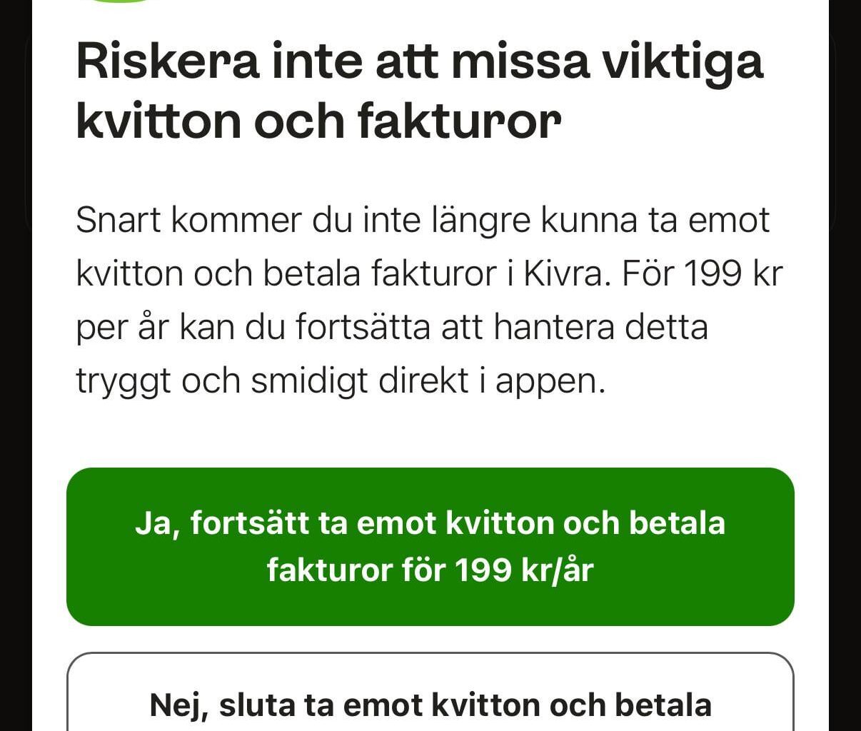 Abonnemangskostnad för Kivra?