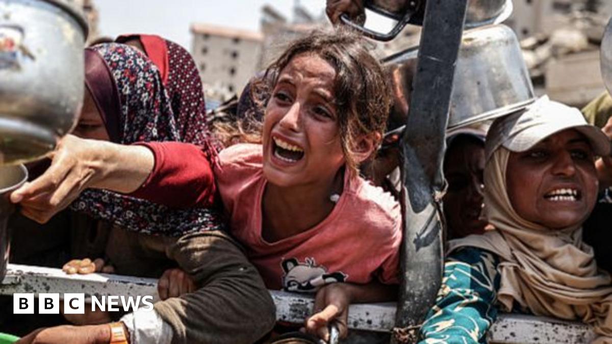A girl is seen crying as she holds a pot to collect food in a crowd as Palestinians face food shortages in Gaza on 28 July 2025.