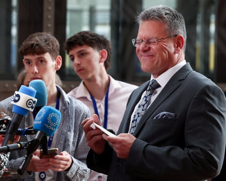 EU trade commissioner Maroš Šefčovič reacts as he speaks to the media ahead of a European Union Foreign Affairs Council (Trade) meeting to discuss EU-U.S. relations, in Brussels, Belgium.