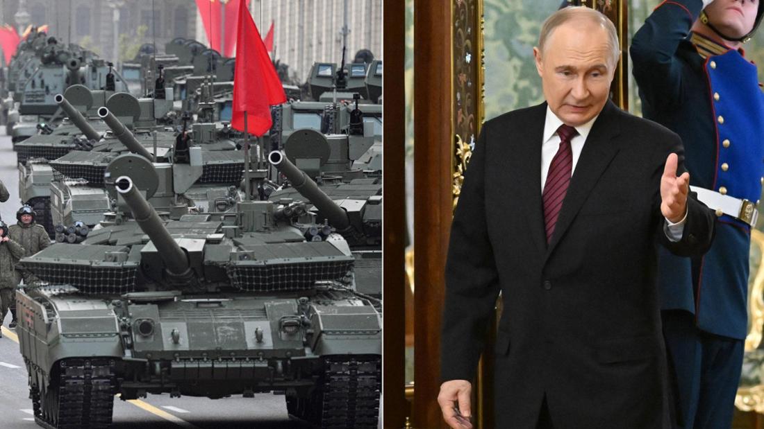 Mehrere Panzer in einer Reihe auf einer Straße und Wladimir Putin mit einladender Geste