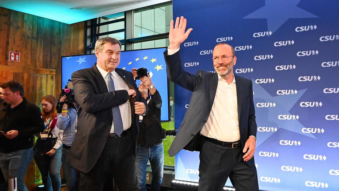 Markus Söder (l.) und Manfred Weber (r.) am Wahlabend, Wahlparty der CSU nach Europawahl 2024.
