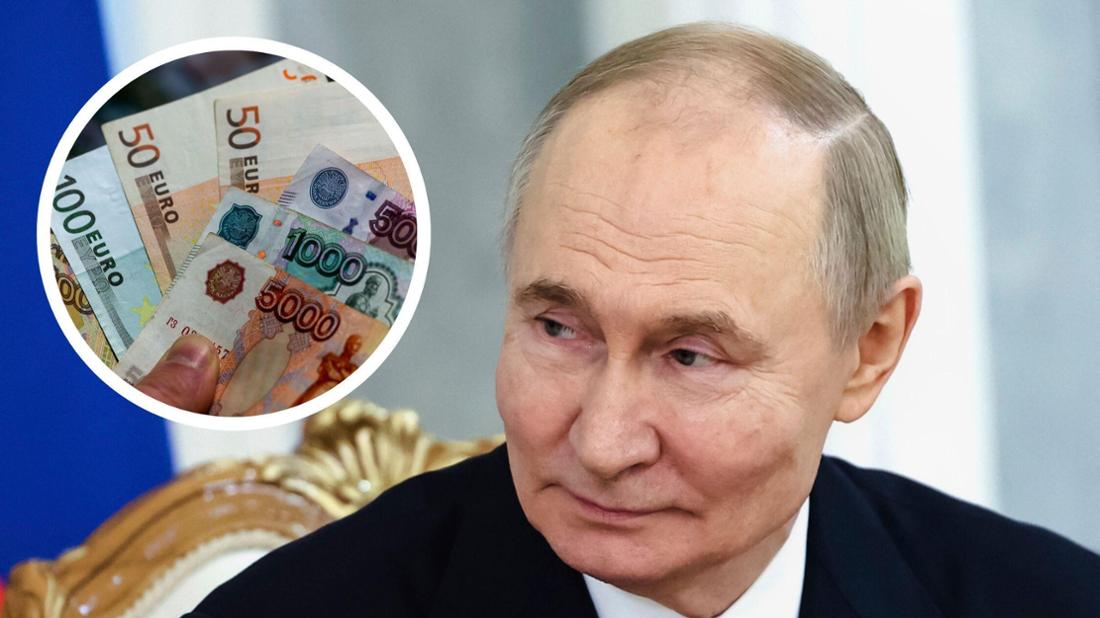 Kremlchef Wladimir Putin und Euroscheine und russische Banknoten