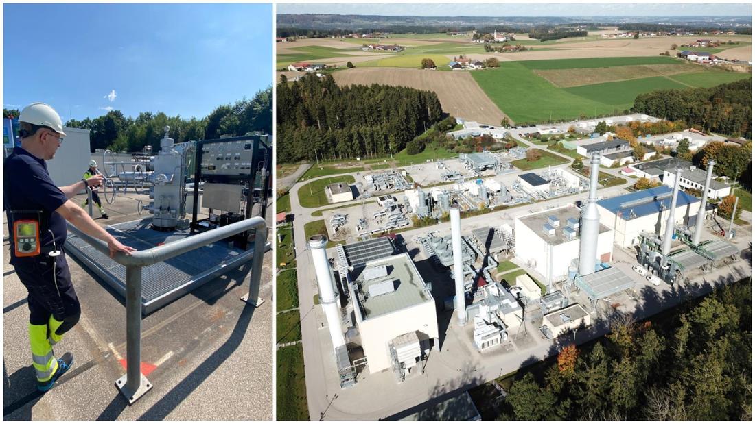 Alexander Gez, Betriebsbereichsleiter des Gasspeichers Bierwang, erklärt die Funktionsweise eines Ventilkopfs auf einem der Bohrlöcher, über das Gas entnommen beziehungsweise nach unten gepresst wird. Umgehängt trägt er ein Gaswarngerät, um die Sicherheit der Gäste zu gewährleisten. Das Luftbild zeigt die Anlage, unterirdisch noch gigantischer, nämlich zwei mal sieben Kilometer groß.