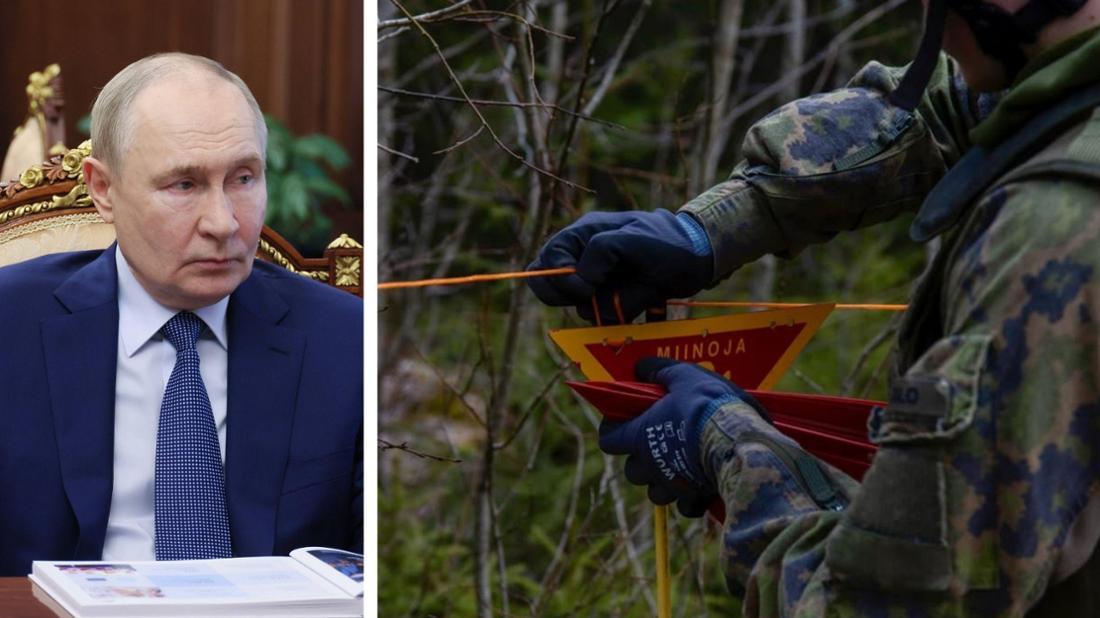Putin und ein Warnschild vor Minen