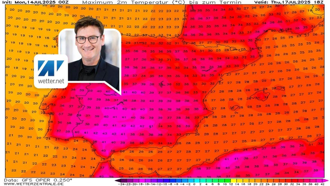Die Wetterkarte zeigt die Höchstwerte am Donnerstag (17. Juli) auf der Iberischen Halbinsel.