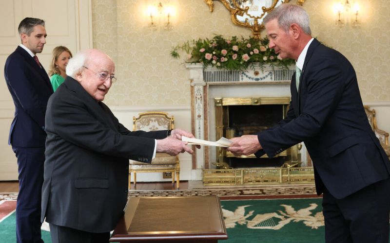 July 1, 2025: US Ambassador to Ireland Edward Walsh presents his credentials to President of Ireland Michael D Higgins.