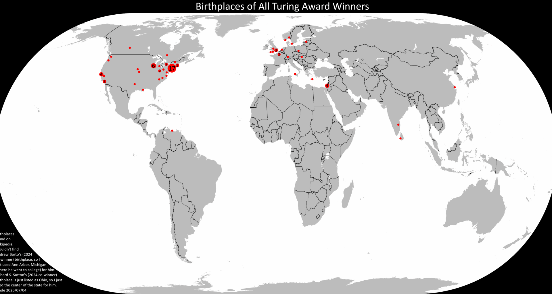 Birthplaces of All Turing Award Winners (basically the Nobel Prize of computer science) [OC]