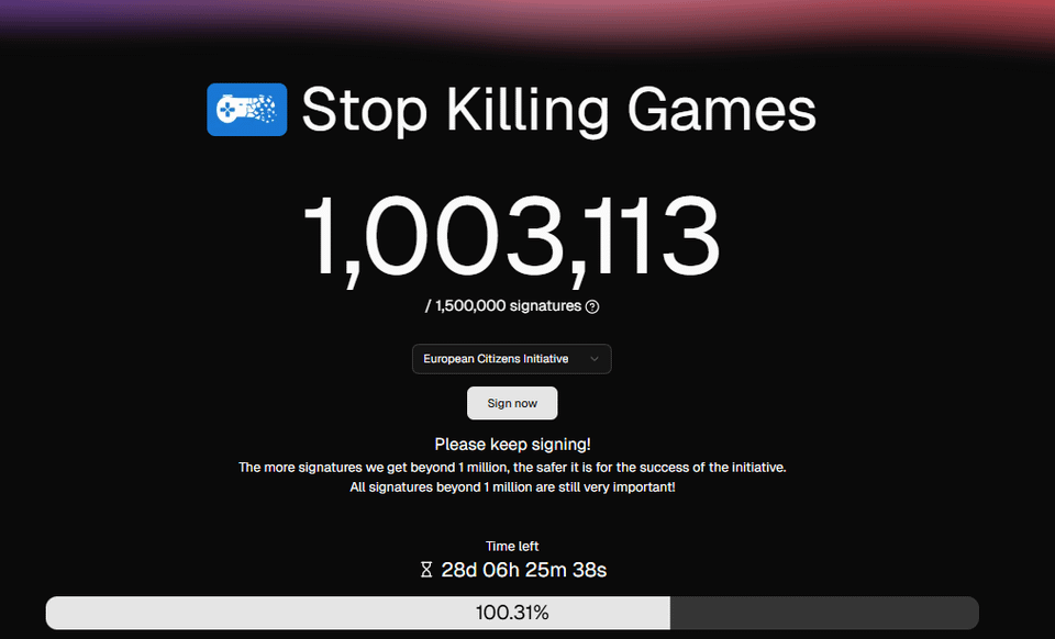 1 milion hlasů dosažen. Nezapomeňte dál podepisovat EU inciativu "Stop Killing Games"