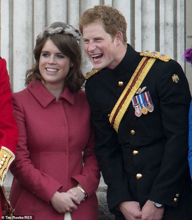 'Closest of friends': Over the years, Eugenie has been Harry's confidante and matchmaker. Now she is seen as one of his closest allies within the royal family. Pictured, Harry shares a joke with Eugenie at Trooping the Colour in June 2012