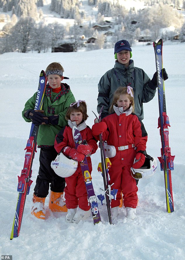 Childhood bond: Prince Harry (left) and Prince William with Princess Eugenie (left) and Princess Beatrice on a family holiday to Klosters, Switzerland, in 1995