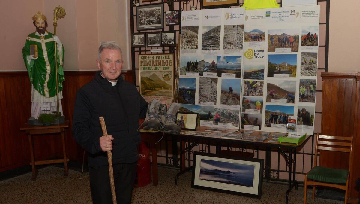 Fr John Kenny launches the Croagh Patrick Sunday display at the back of St  Mary's Church, Westport. The annual national pilgrimage is on Reek Sunday, July 28. Pictire: Frank Dolan