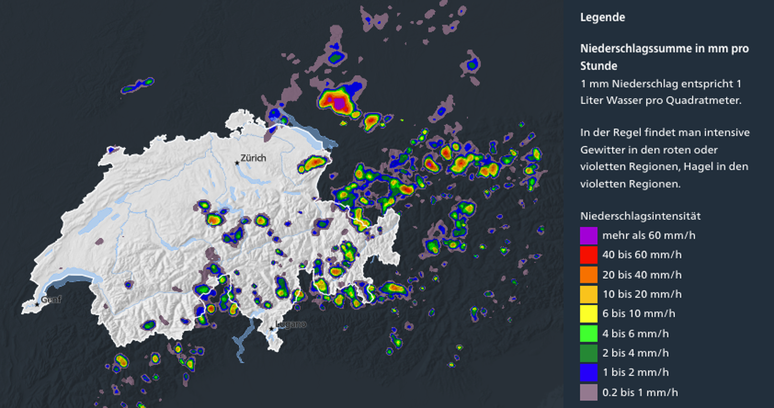 Gewitter über der Schweiz am 3. Juli 2025 um 13.45 Uhr.