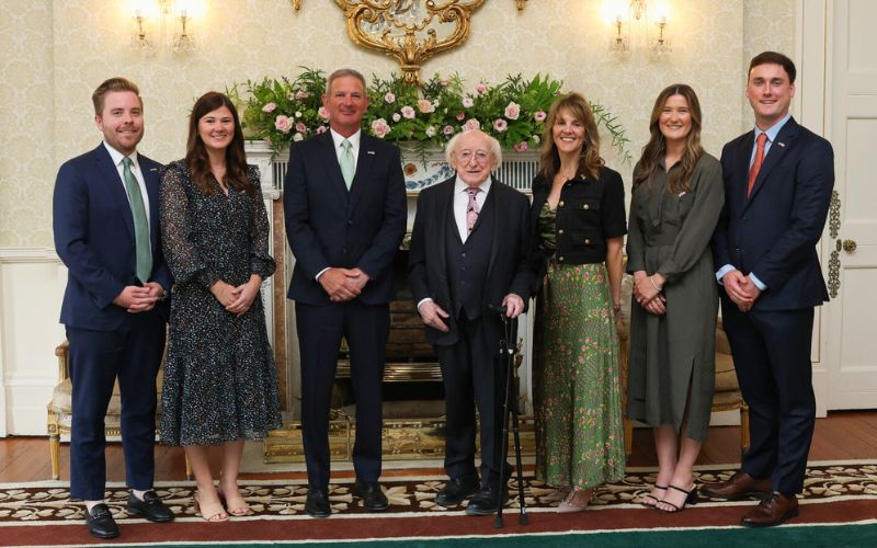 July 1, 2025: US Ambassador to Ireland Edward Walsh with his family and President of Ireland Michael D Higgins.
