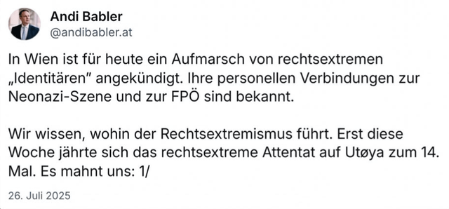 Andreas Babler verurteilt Aufmarsch der neofaschistischen "Identitären"