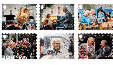 A picture of the stamps that are to be released. There is 6 Images, 3 images on 2 rows each. They are all titled Royal Visit 2024