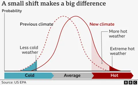 The graphic shows what's known as a bell curve showing that as the range of daily temperatures shifts to warmer levels - to the right on the scale showing cold on the left to hot on the right with the average in the middle, hotter days become more likely and more intense in a new climate.