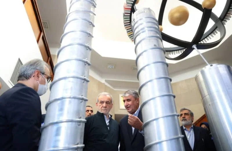 Iran's President Masoud Pezeshkian visits Iran's nuclear achievements exhibition in Tehran, Iran April 9, 2025. (credit: IRAN'S PRESIDENCY/WANA (WEST ASIA NEWS AGENCY)/HANDOUT VIA REUTERS)