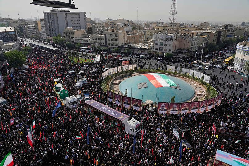 Mourners attend the funeral ceremony of the Iranian armed forces generals and nuclear scientists who were killed in Israeli strikes in Tehran, 28 June, 2025