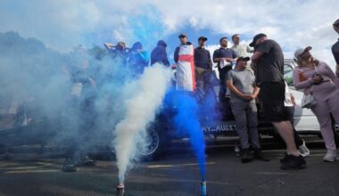Protesters outside the Bell Hotel in Epping, Essex- today <i>(Image: Yui Mok/PA Wire)</i>