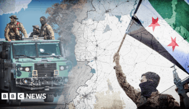 An image of anti-government rebel fighters on a vehicle with a map showing Syria imposed in the foreground.