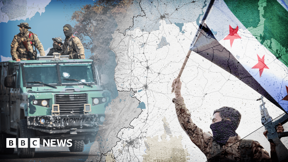 An image of anti-government rebel fighters on a vehicle with a map showing Syria imposed in the foreground.