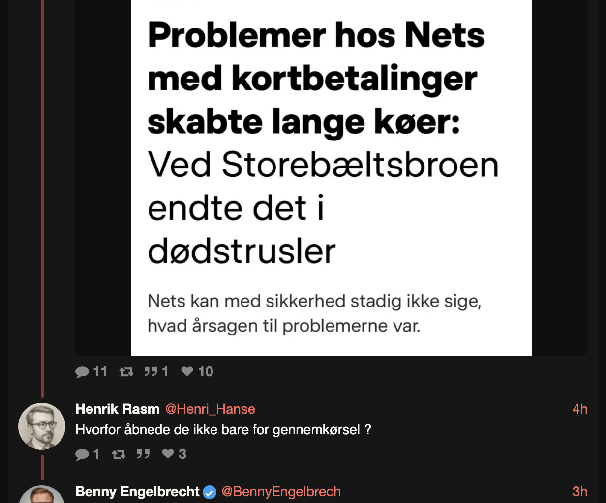 Benny Engelbrecht (S) mener at det er billisternes egen skyld at de hold 3 timer i kø på storebæltsbroen fordi de ikke ville åbne bommene for alle.