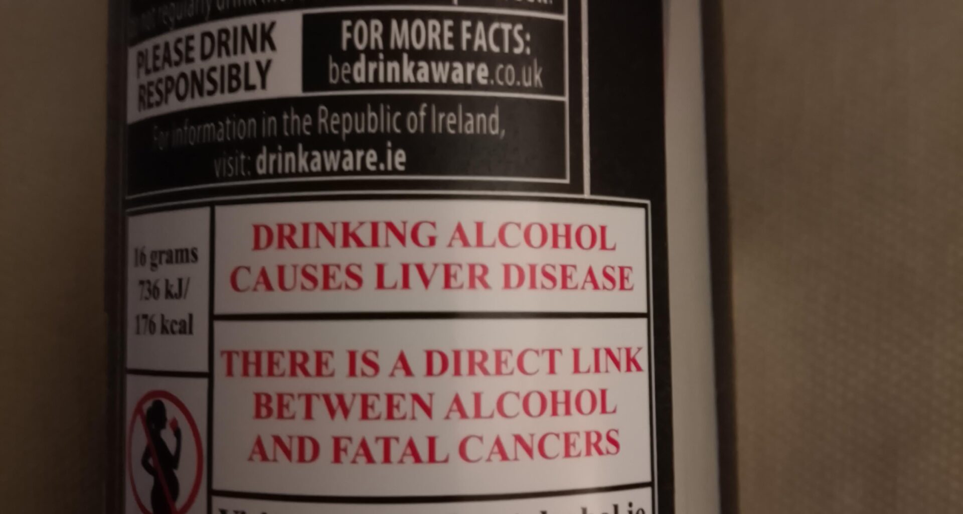 When did they start putting health warning on alcohol?
