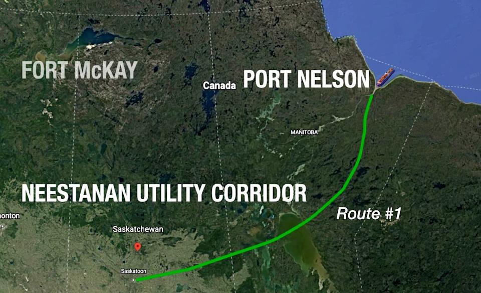 A map of the proposed NeeStaNan corridor suggests it would terminate at Port Nelson, a ghost town at the mouth of the Nelson River. Construction of a port on this site, the original intended terminus of the Hudson Bay Railway, was abandoned during the First World War due to problems with silting on the fast-flowing river as well as labour shortages. The railway was eventually completed to the mouth of the Churchill River instead.
