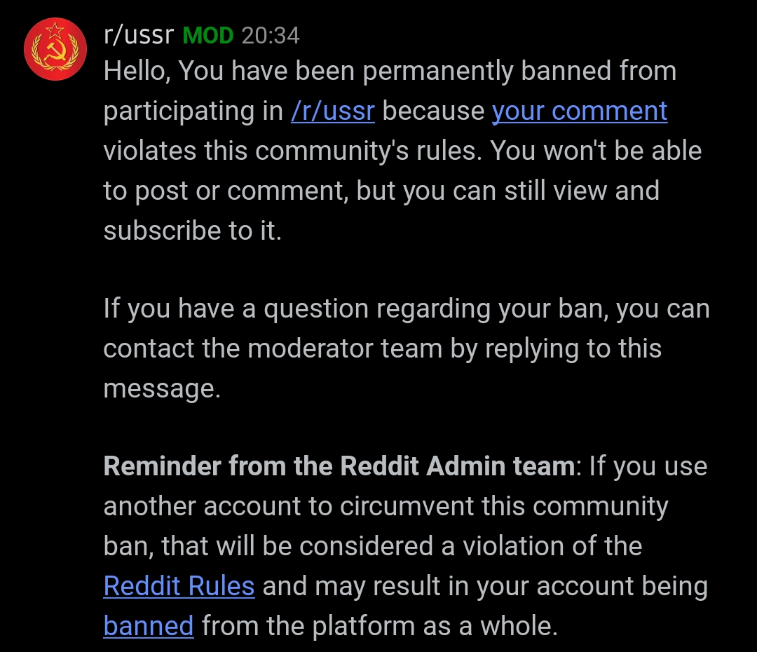 Dostal jsem ban z r/ussr. Dostaň ho taky!