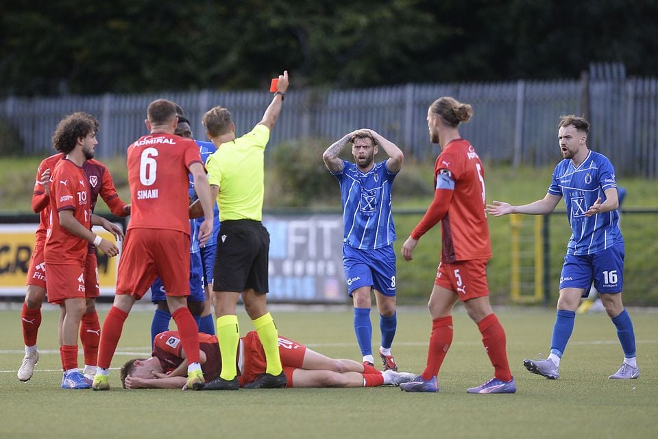Dungannon Swifts Tiernan Kelly is given his marching orders