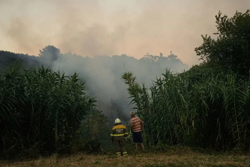 A firefighter and a man watch the forest fire in Arbo. Adrián Irago/EUROPA PRESS/dpa