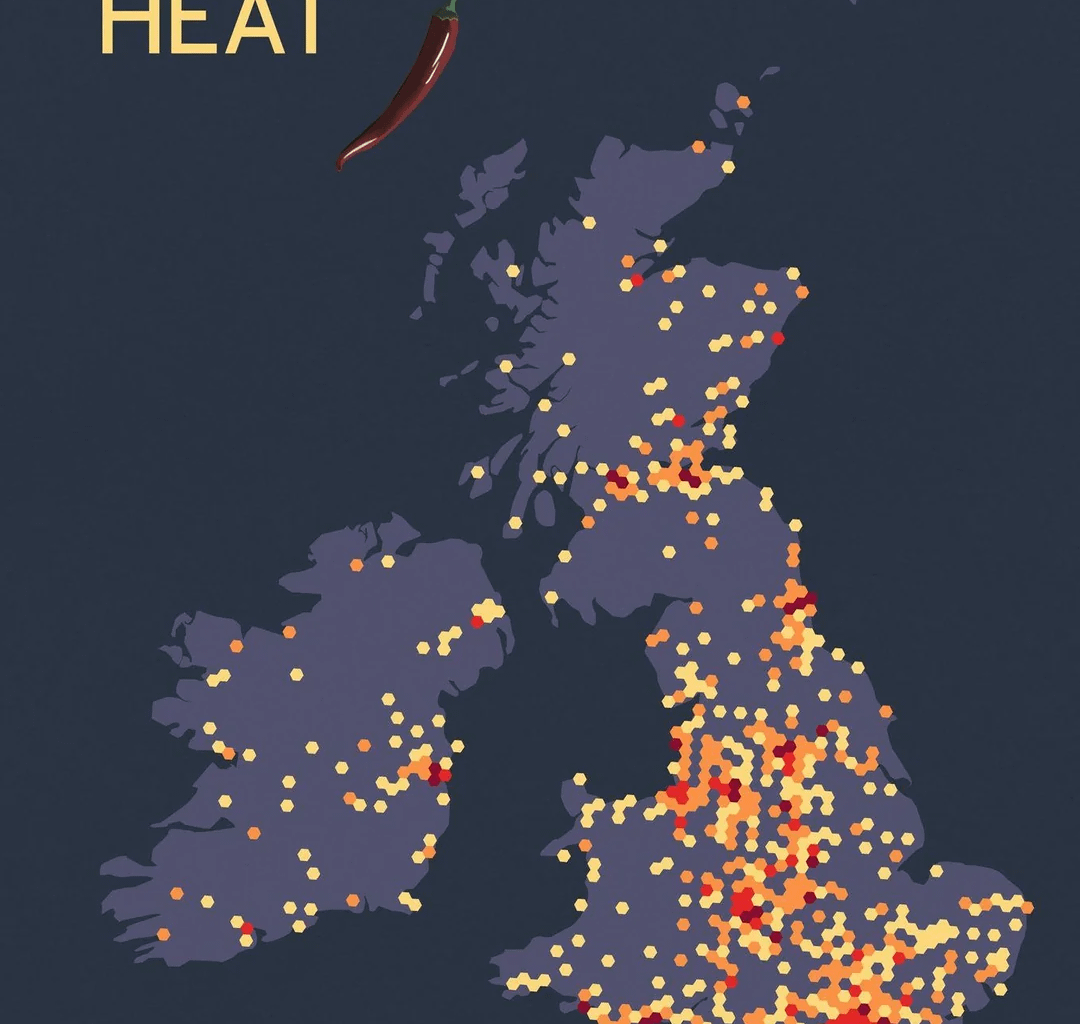 Density Heat Map of Indian Restaurants Across Great Britain and Ireland [OC]