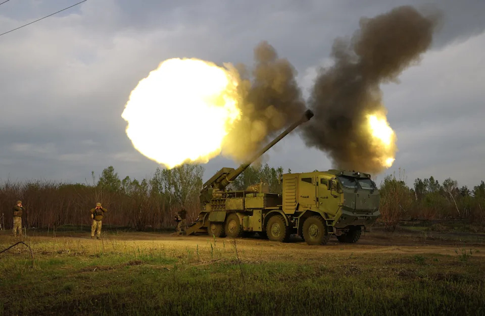 Gunners from 43rd Separate Mechanized Brigade of the Armed Forces of Ukraine fire at Russian position with a 155mm self-propelled howitzer 2C22 "Bohdana" in the Kharkiv region on April 21, 2024.
