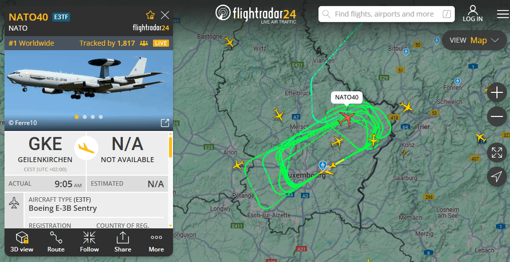 NATO plane making rounds above Luxembourg. Currently the single most tracked flight on flightradar24. What's going on here?