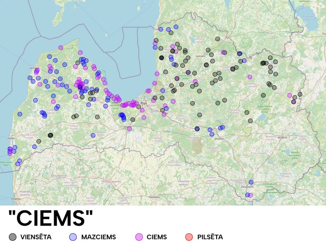 Braucu no Rīgas uz Kolku, un tur pa ceļam vieni vienīgi "ciemi". Izdomāju jāpaskatās vai man tā tikai liekas, jeb tur tik tiešām to ir vairāk kā citur. Pie reizes paskatījos arī citas apdzīvotu vietu vārdu daļas.