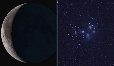 Two images next to each other, one of a close up of the moon (on the left) and on the right a cluster of stars in the night sky