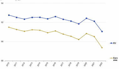 A line chart showing the share of domestic production in total supply. Data are shown in percent, for 2010 to 2022, for the EU and euro area aggregates. The complete data of the visualisation are available in the Excel file at the end of the article.