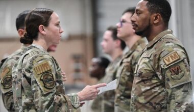 The 55th Logistics Readiness commander inspects a shaving waiver during an inspection at Offutt Air Force Base, Nebraska.