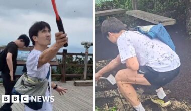Splitscreen image of a man killing bugs with a racket and another of him bending down, covered in small bugs