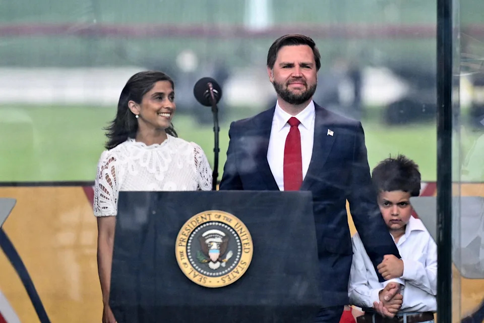 Vice President JD Vance with his son and his wife, Usha Vance, at a parade in Washington, D.C., in June. Vance is a friend of new U.S. Attorney Kyle Bumgarner though their time working as clerks for a federal judge several years ago.
