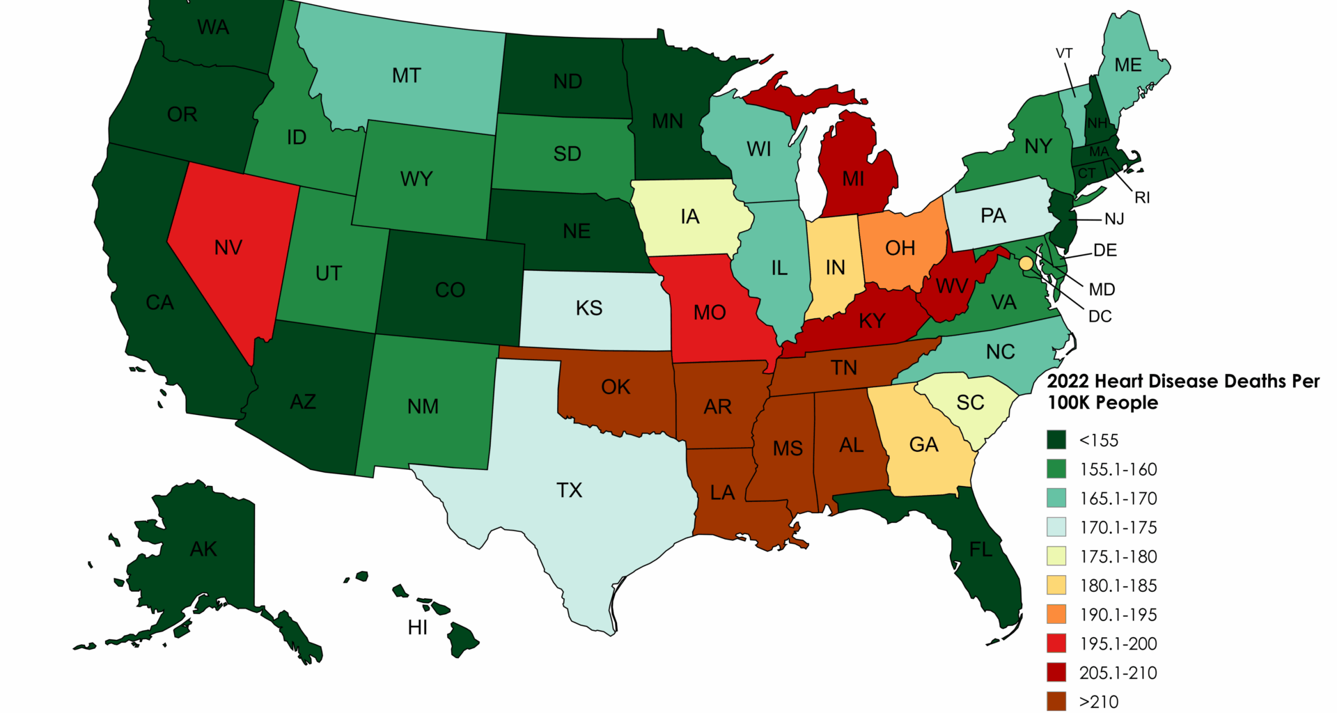 [OC] 2022 Heart Disease Deaths Per 100K People By U.S. State [Data: CDC 'National Center for Health Statistics' / Tool: Mapchart.net]