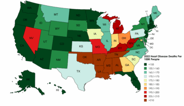 [OC] 2022 Heart Disease Deaths Per 100K People By U.S. State [Data: CDC 'National Center for Health Statistics' / Tool: Mapchart.net]