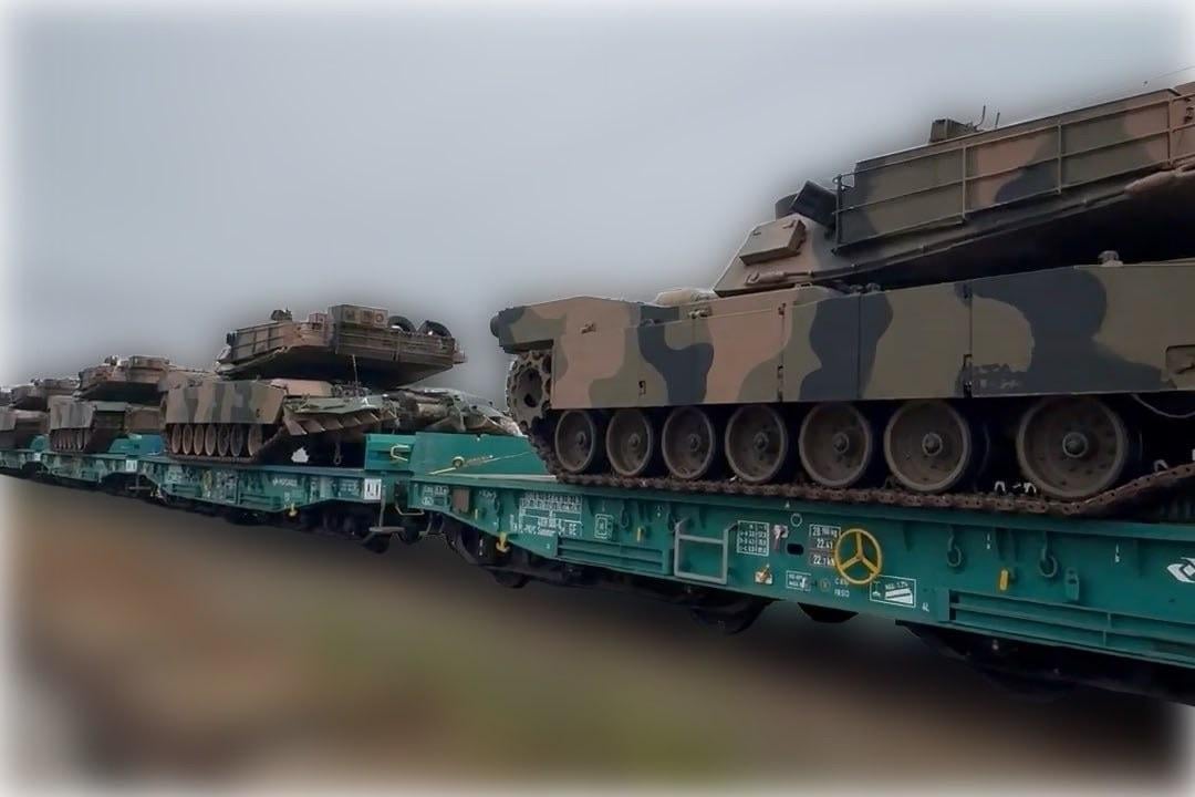 The transportation by Polish railways of 19 former Australian Army M1A1 Abrams main battle tanks (MBTs), the first batch, towards Ukraine.