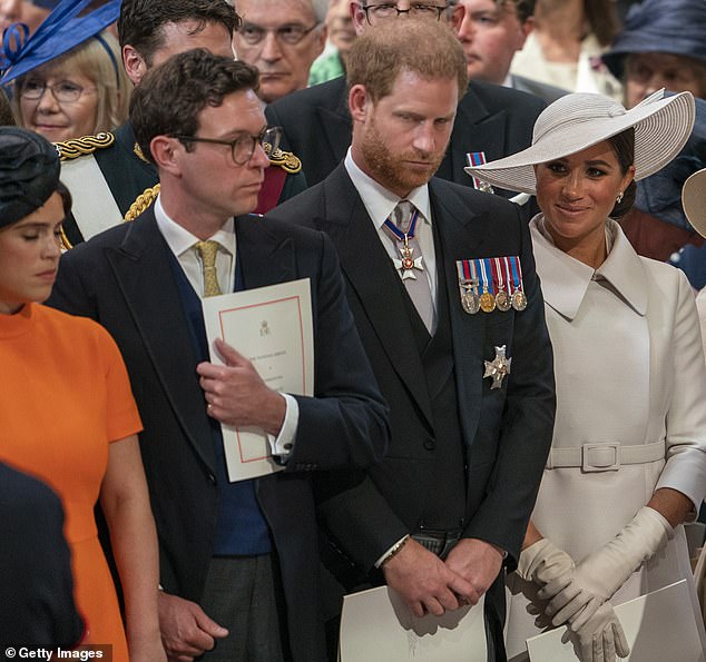 Princess Eugenie, Jack Brooksbank, Prince Harry, Duke of Sussex, and Meghan, Duchess of Sussex, attend the service of thanksgiving for Queen Elizabeth II in June 2022