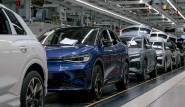 An assembly line at the Volkswagen factory in Zwickau, Germany. Cars are a cornerstone of the German economy.