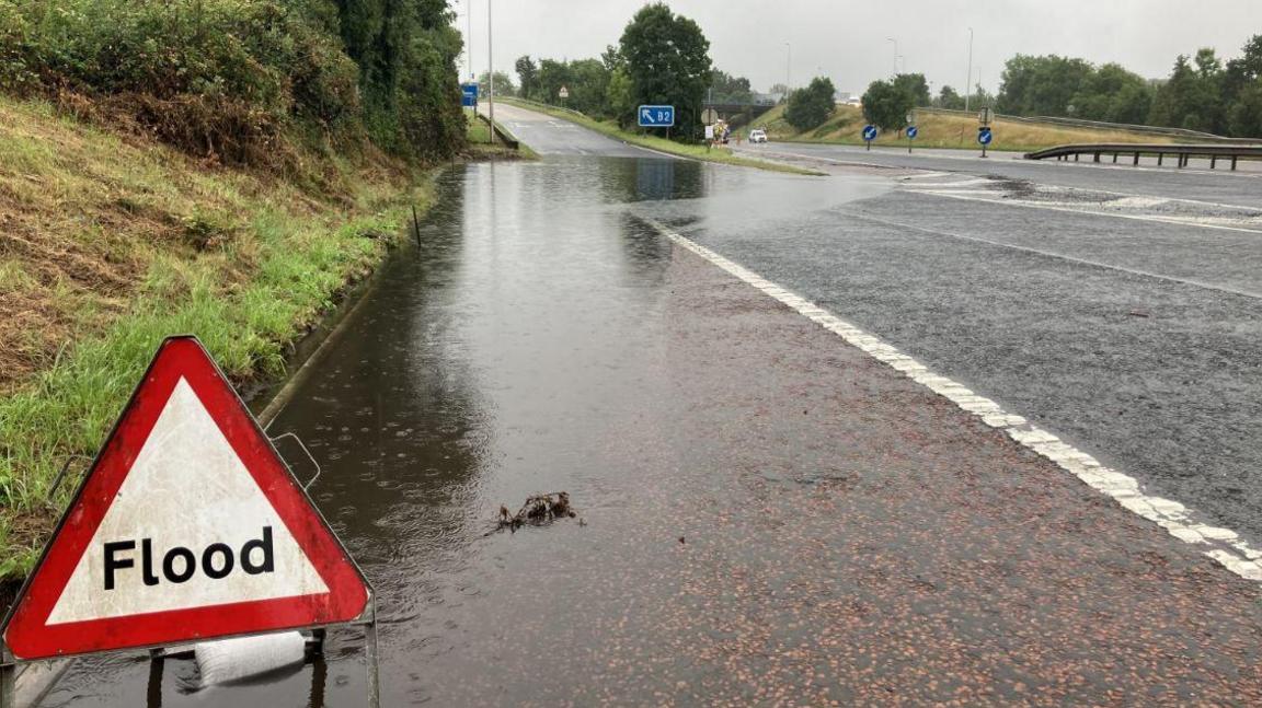 A photo of floodwaters across a road in Northern Ireland